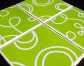 Ceramic Coaster Set - Lime Green with White Circles and Squiggles