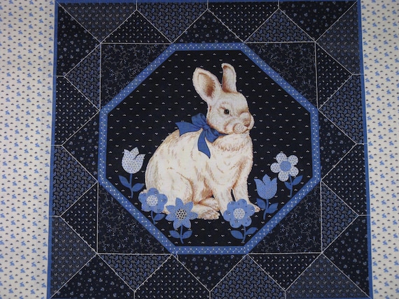 Vintage Fabric Cotton Craft Panel Screen Print Bunny Rabbit Blue 1/2 Yard Printed Fabric Patchwork Pillow or Quilt Block