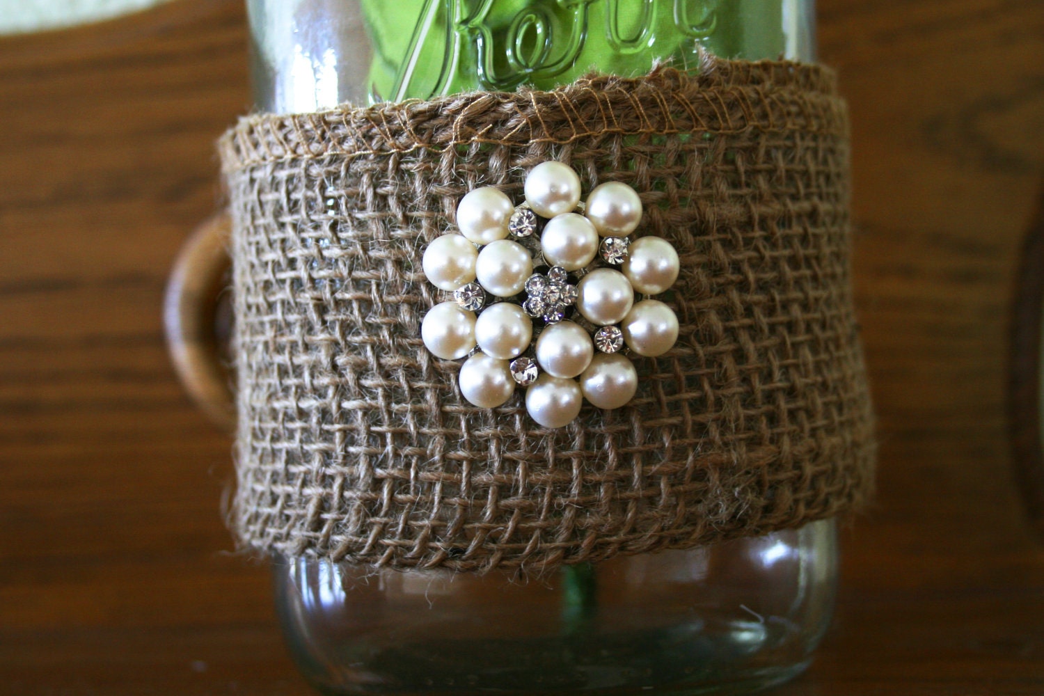 shabby chic table decoration mason jar burlap and pearls