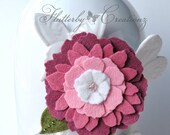 Dark & Light Pinks and White Wool Felt Flower Rosette with Leaves and Glass Beads Clip / Brooch Pin Combo