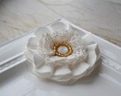 Off White Layered Fabric Flower with Gold Glass Beads  Clip / Brooch Pin Combo