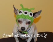Instant Download  Crochet Pattern - Dog Hat 3 Eyed  Green Alien - Small Dog Beanie