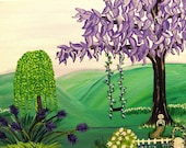 White Picket Fence, Original Painting, Fantasy Art, Summer, Tree art,  Purple Tree, Whimsical Garden Painting