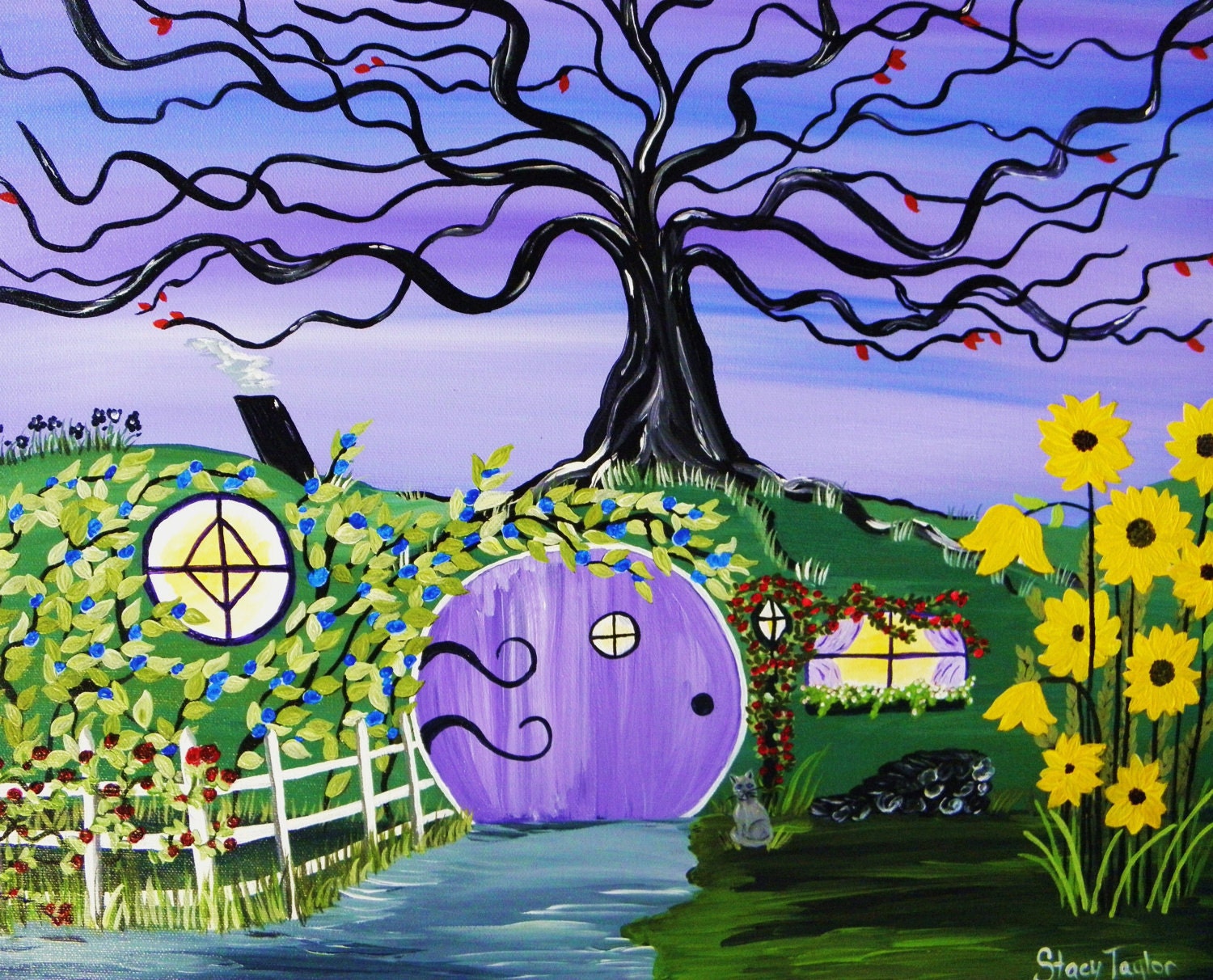 Sunflowers, Original Painting, Surreal, Purple, Fantasy Art., Hobbit Door, Fine Art, Whimsical Hobbit Painting