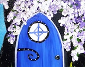 Fairy Art, Original Painting, Blue Door, Fairy Door, Wall Art, Purple flowers,Fine Art,  ACEO, Miniature Painting