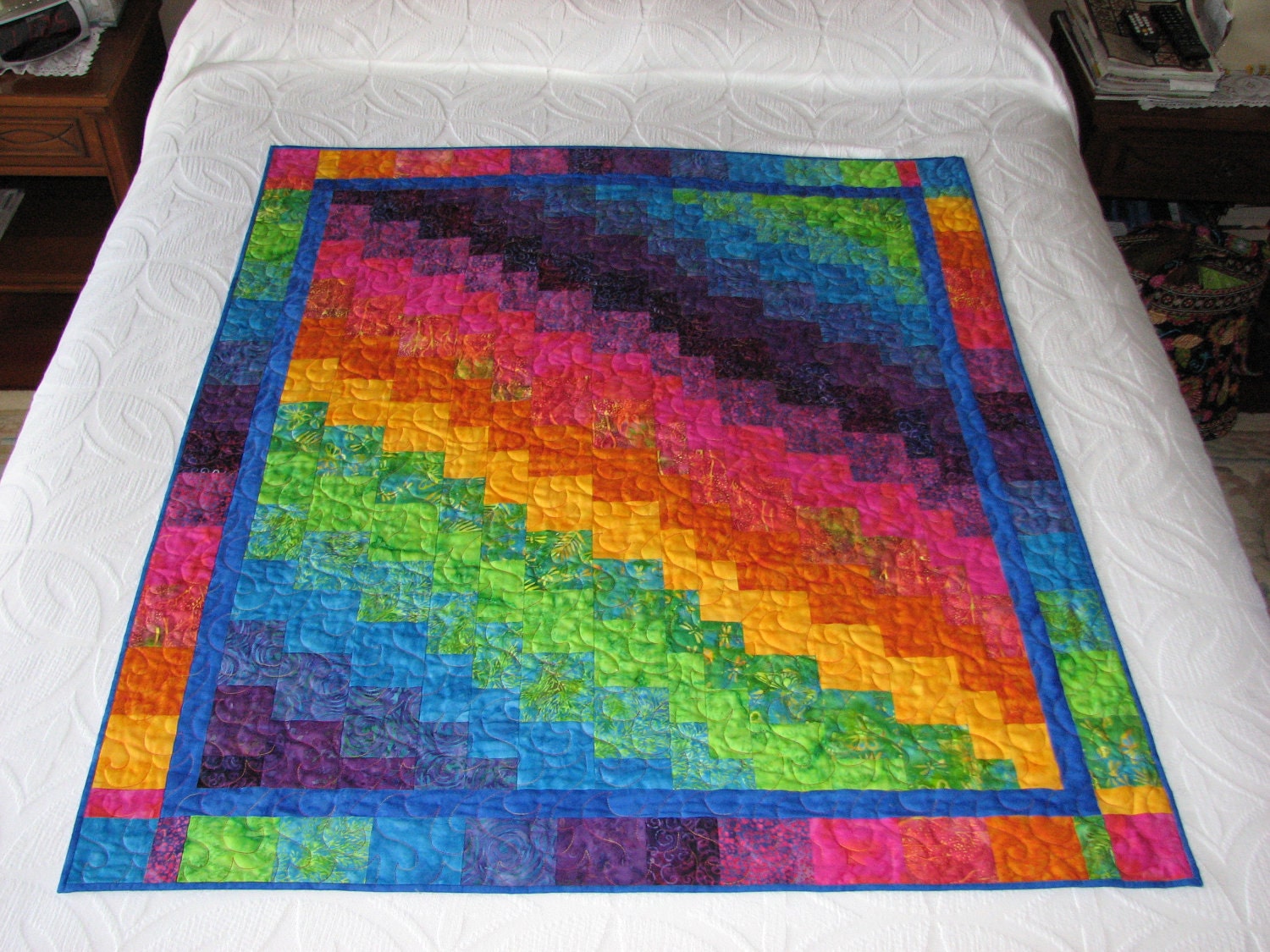 Vibrant Rainbow-colored bargello quilt by EvelynsQuilts on Etsy