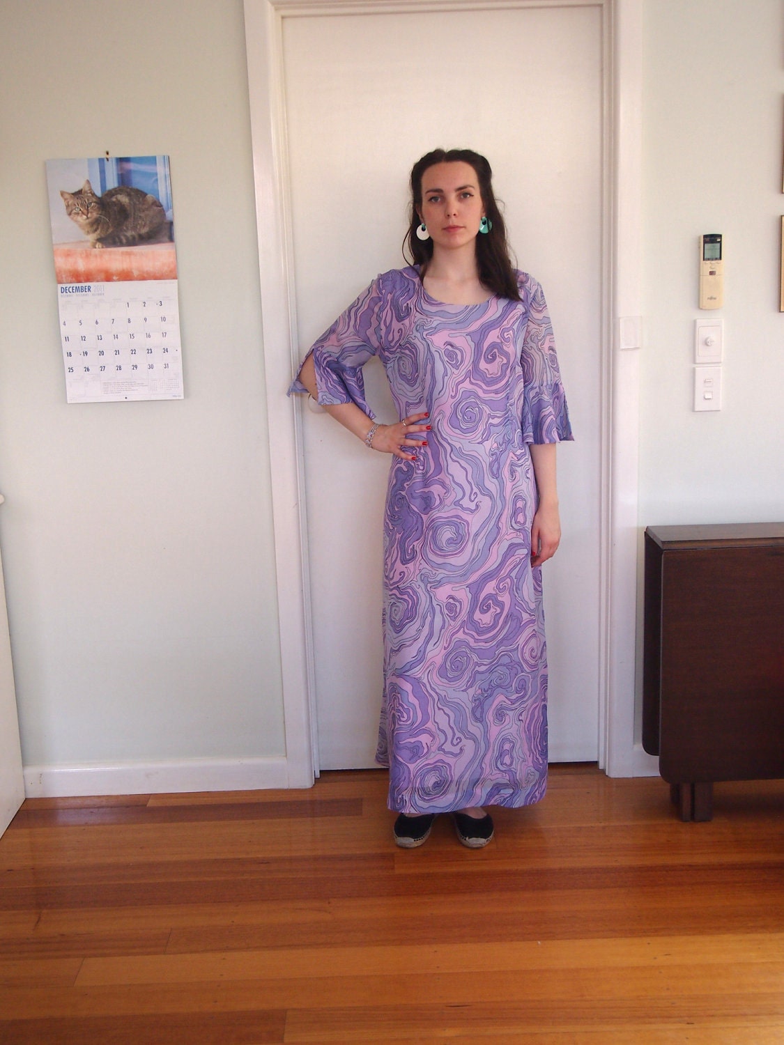 SALE 60s Lavender & Pink Swirl Maxi Dress L