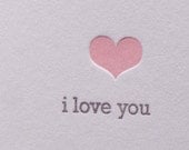 Letterpress I Love You Card and Gift Tag Set in Pink and Gray ink. Inside message: I Love You.