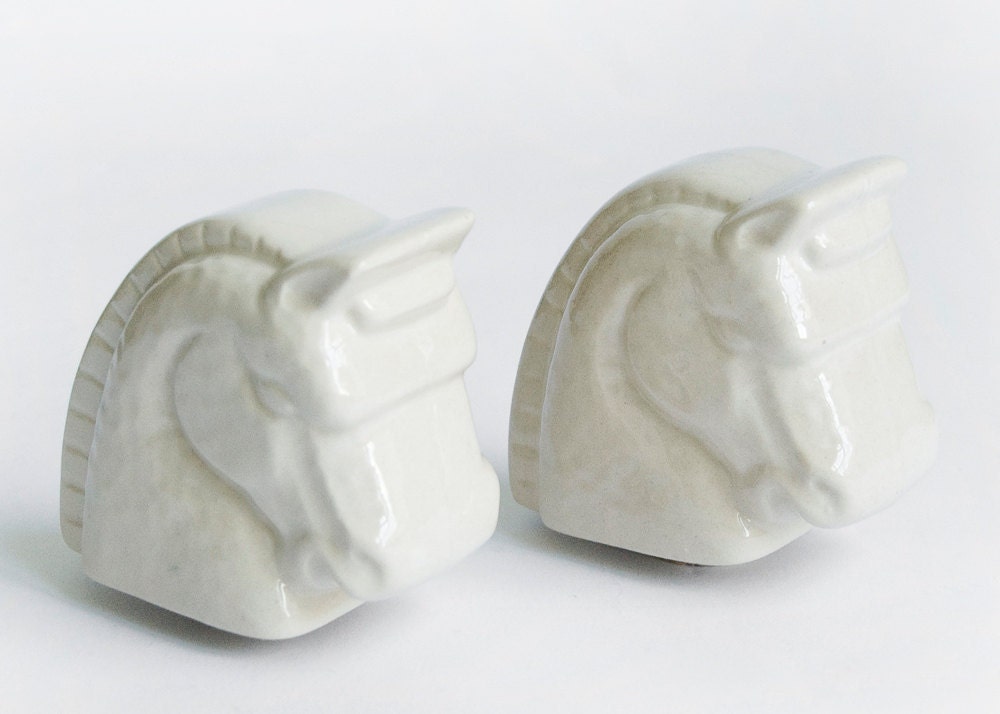 Ceramic Horse Heads, Cork Stopper, Creamy White, Pair