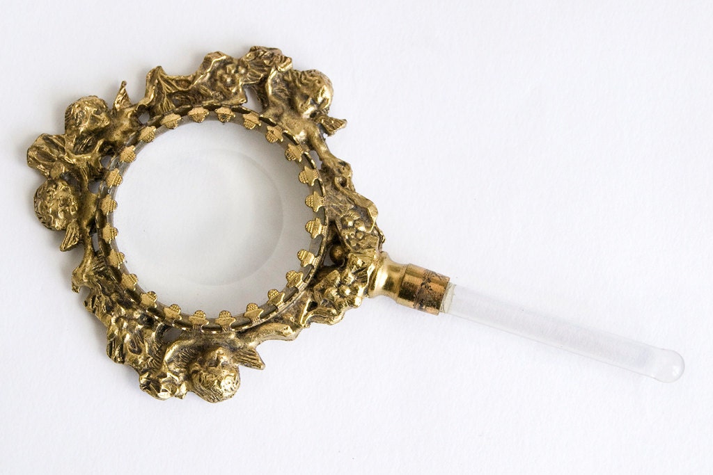 Vintage Perfume Bottle with Dauber, Gold Filigree, Cherub & Floral Design, Beveled Glass