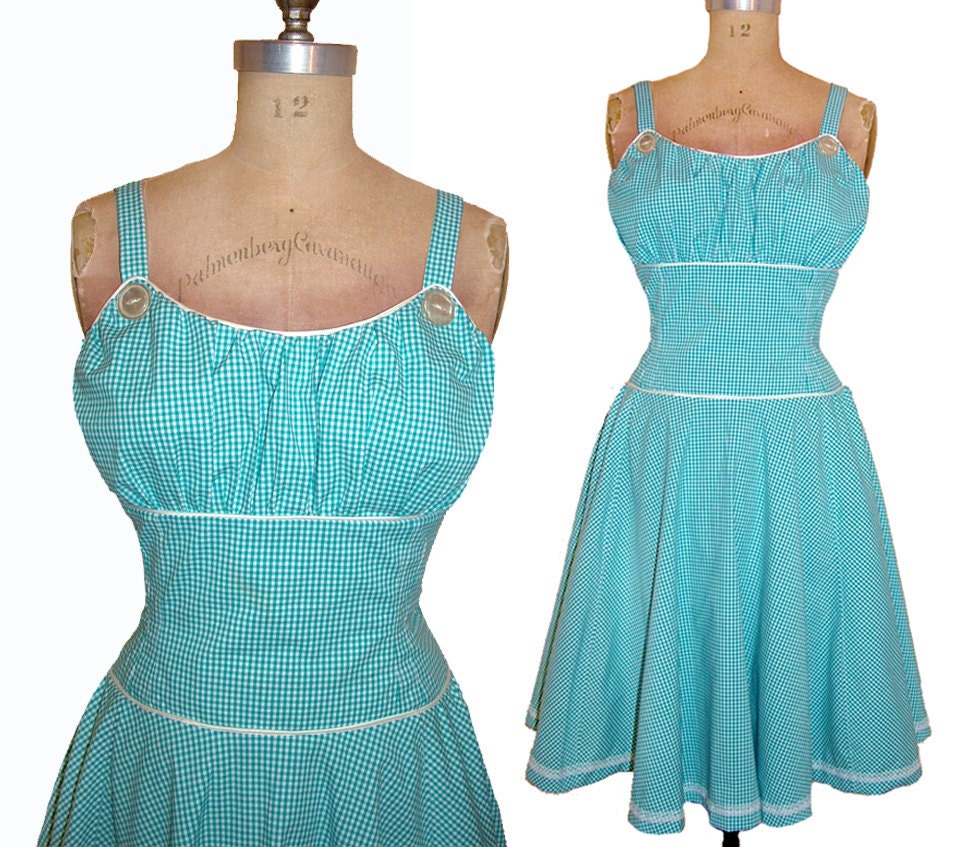 1950s Style Gathered Bust Dress Turquoise Gingham Full Circle Skirt Size Large Ready to Ship