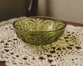Vintage Glass Olive Green Small Bowl Patterned Cut