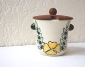 Vintage Mustard Pot Denmark ESA Ceramic with Teak Lid Butterfly Flowers Yellow Blue Green