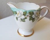 Vintage Gladstone Montrose Bone China Creamer White Flowers Aqua Gold Mothers Day