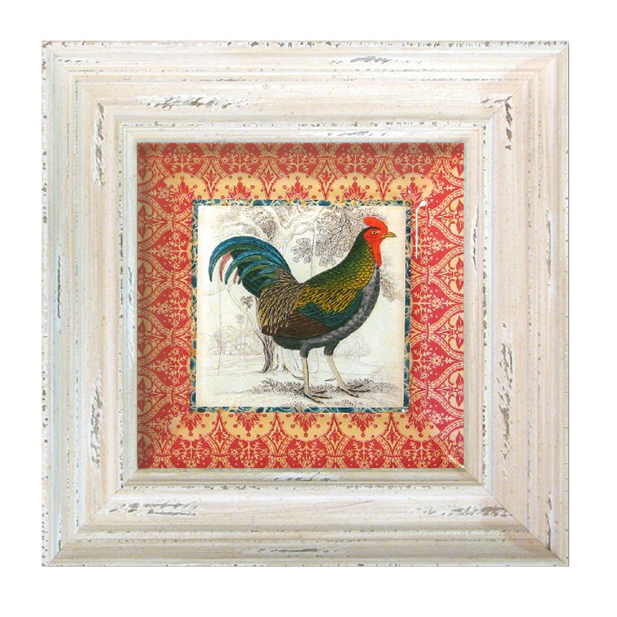 Antique Rooster Farmhouse Kitchen Decor / Wall Hanging Decoupage Plate / Cottage White Frame /red and white kitchen home decor