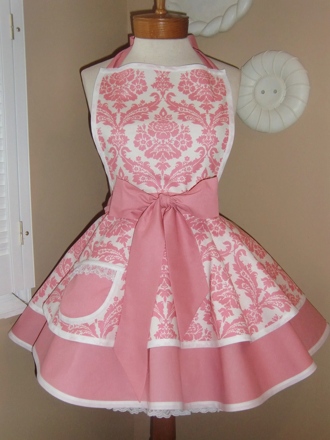 Mother and Daughter Matching Retro Apron Set in Pink Damask Print...Custom Order Your Sizes