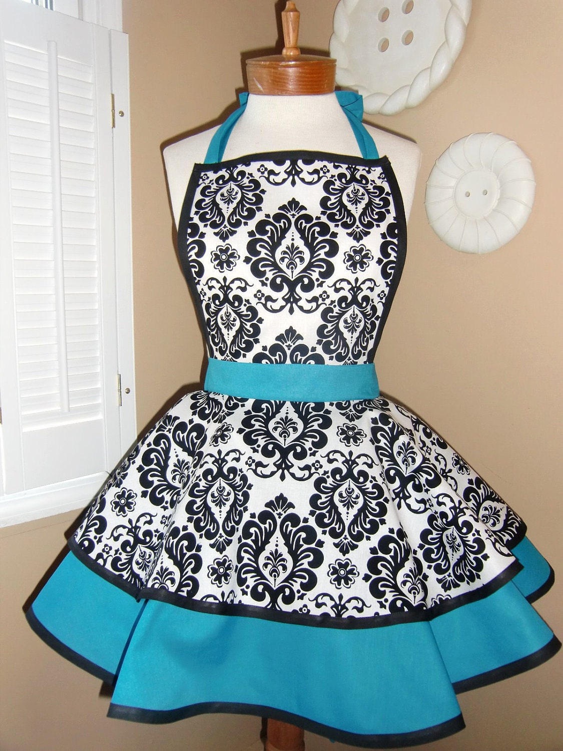 Damask Print Accented with Aqua Womans Retro Apron With Tiered Skirt And Bib