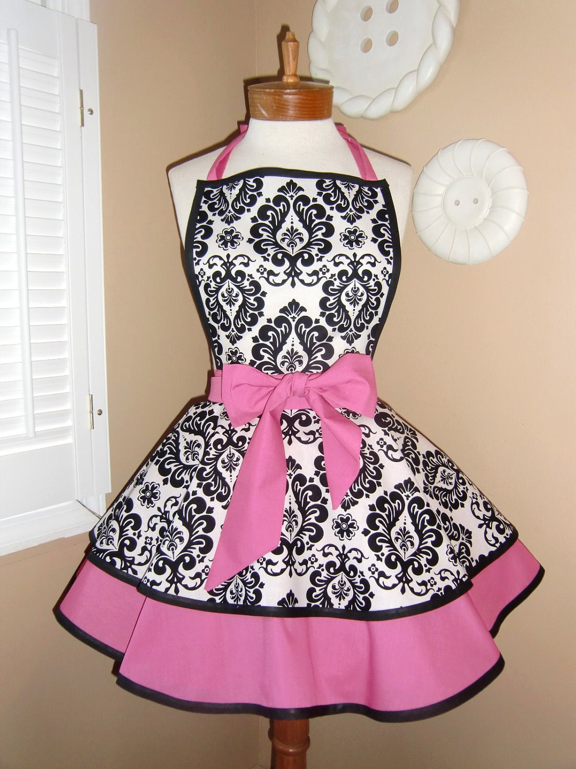 Damask Print Accented with Candy Pink Womans Retro Apron With Tiered Skirt And Bib