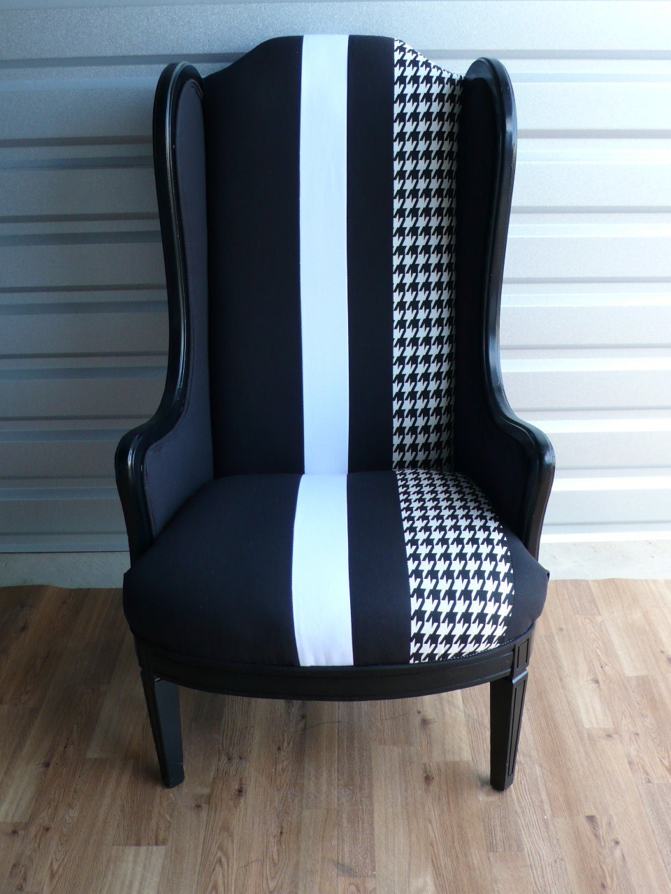 Black Slim Wing Armchair with White & Houndstooth Stripe Fabric