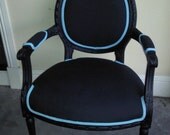 French Oval Back Louis Chair - Shown in Black Cotton Fabric with Blue Piping - can be ANY FABRIC