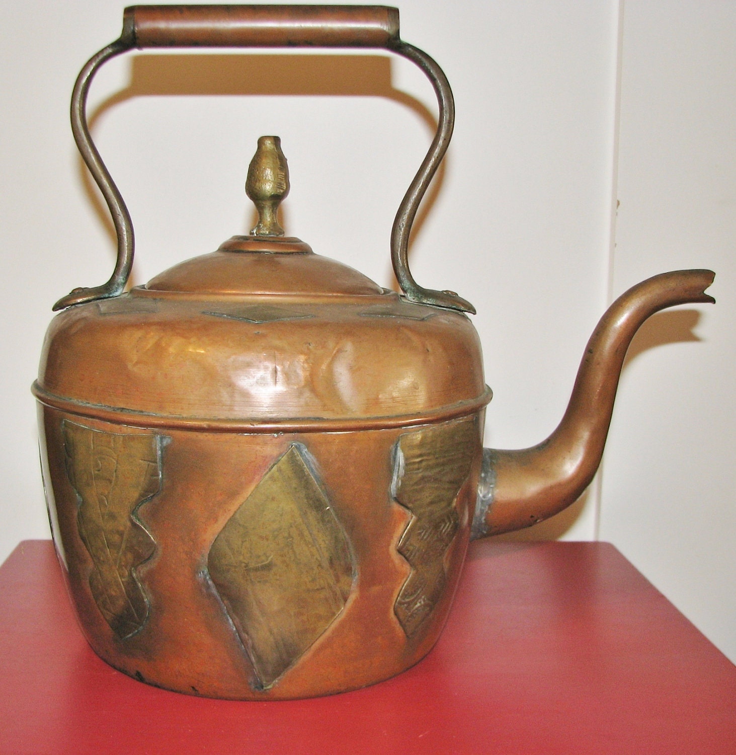 Gooseneck Tea Kettle Copper and Brass circa early by PeddleCreek