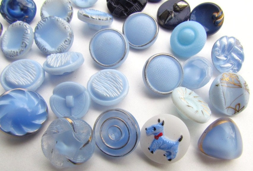 Vintage Glass Buttons, Blue, Collection of 30 in Various Shapes, Sizes, Textures, and Shades.
