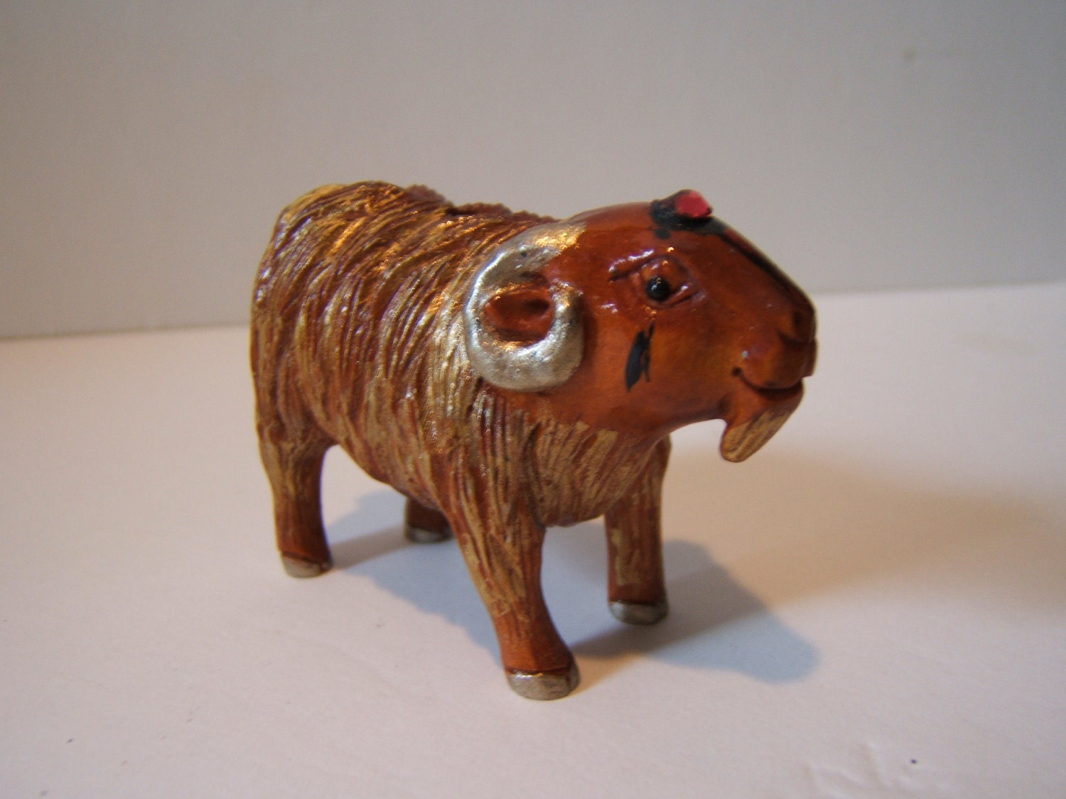 RAM,netsuke hand carved, hand painted, hand embelished with swarovski RUBY crystal,GOLDEN fleece free shipping in usa