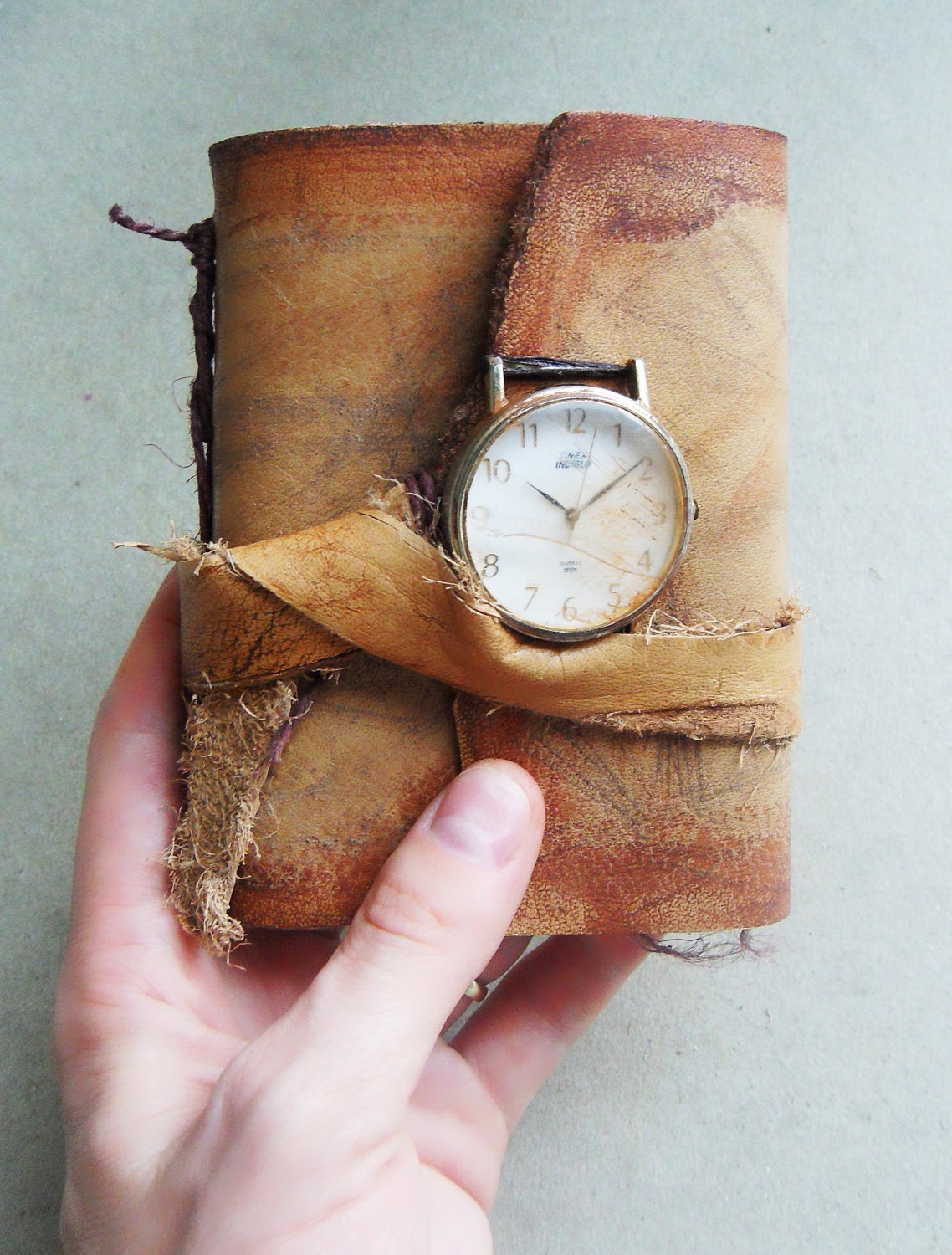 Ancient timeless Art journal. Handbound leather aged, burnt pages. Small rustic pocket journal. brown with clock.
