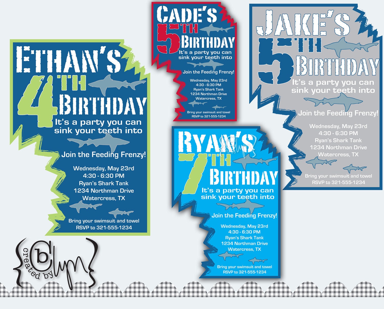 Shark Attack Birthday Party invitation with two shark bites cut-out CUSTOM COLORS