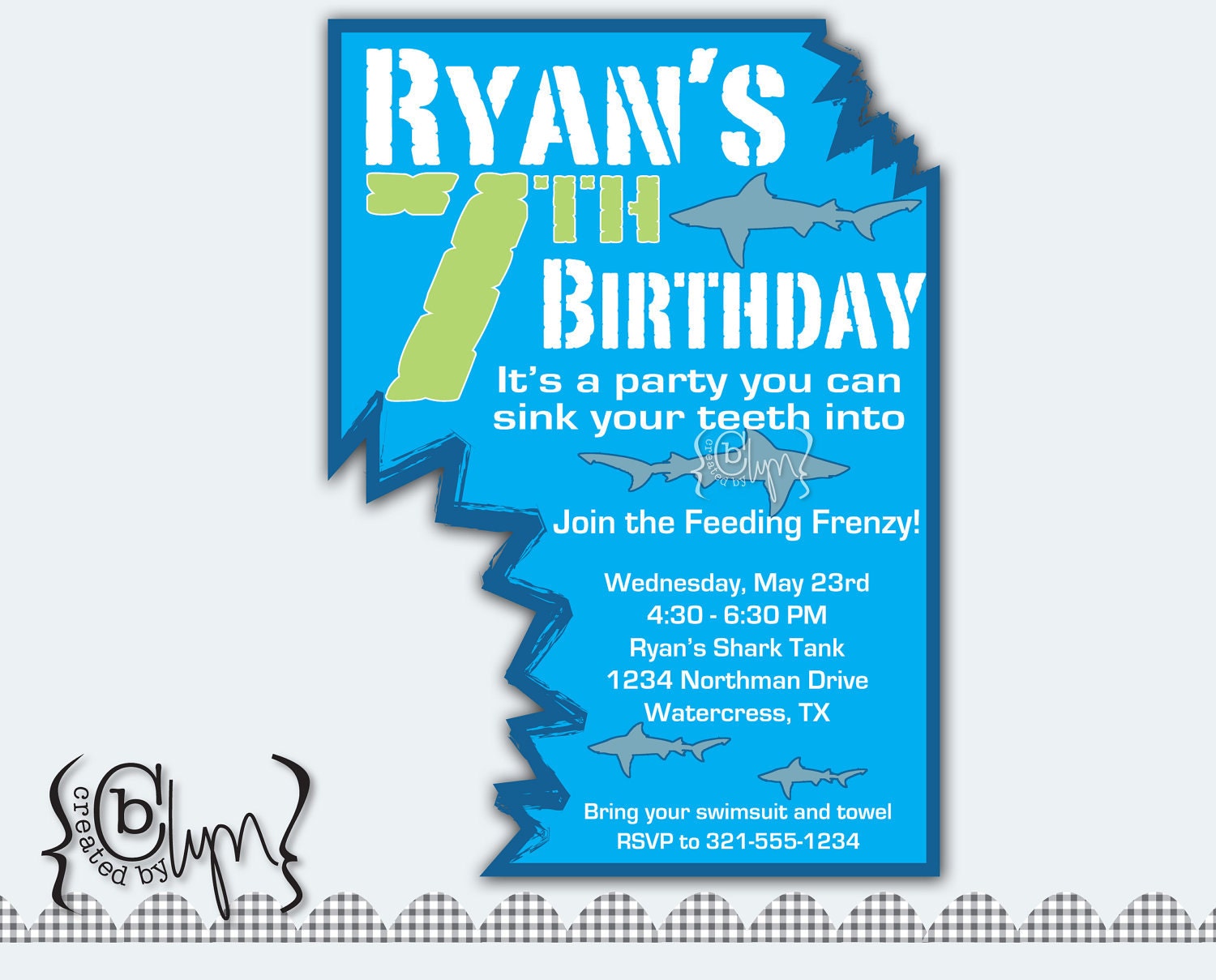 Shark Attack Birthday Party invitation with two shark bites cut-out AQUA AND BLUE
