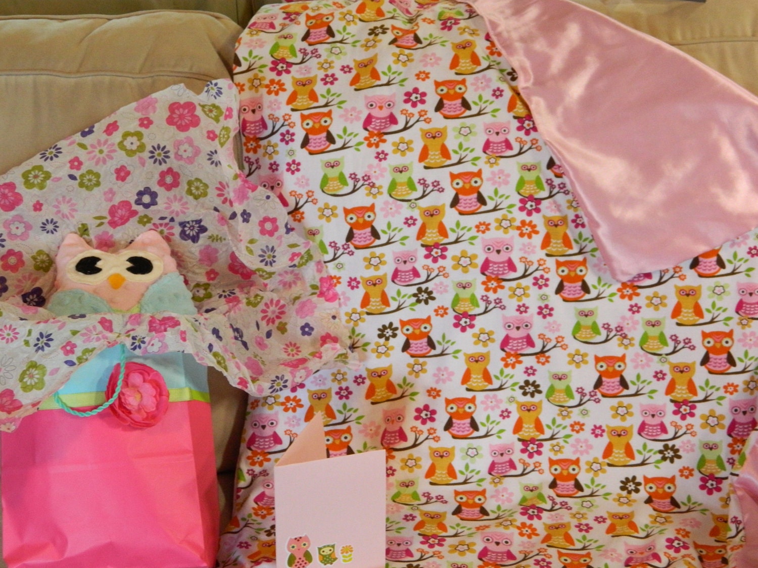 Personalized Baby Gift Box (With Matching Personalized XL Satin or Minky Blanket, Owl Buddy, Card, and Gift Bag)