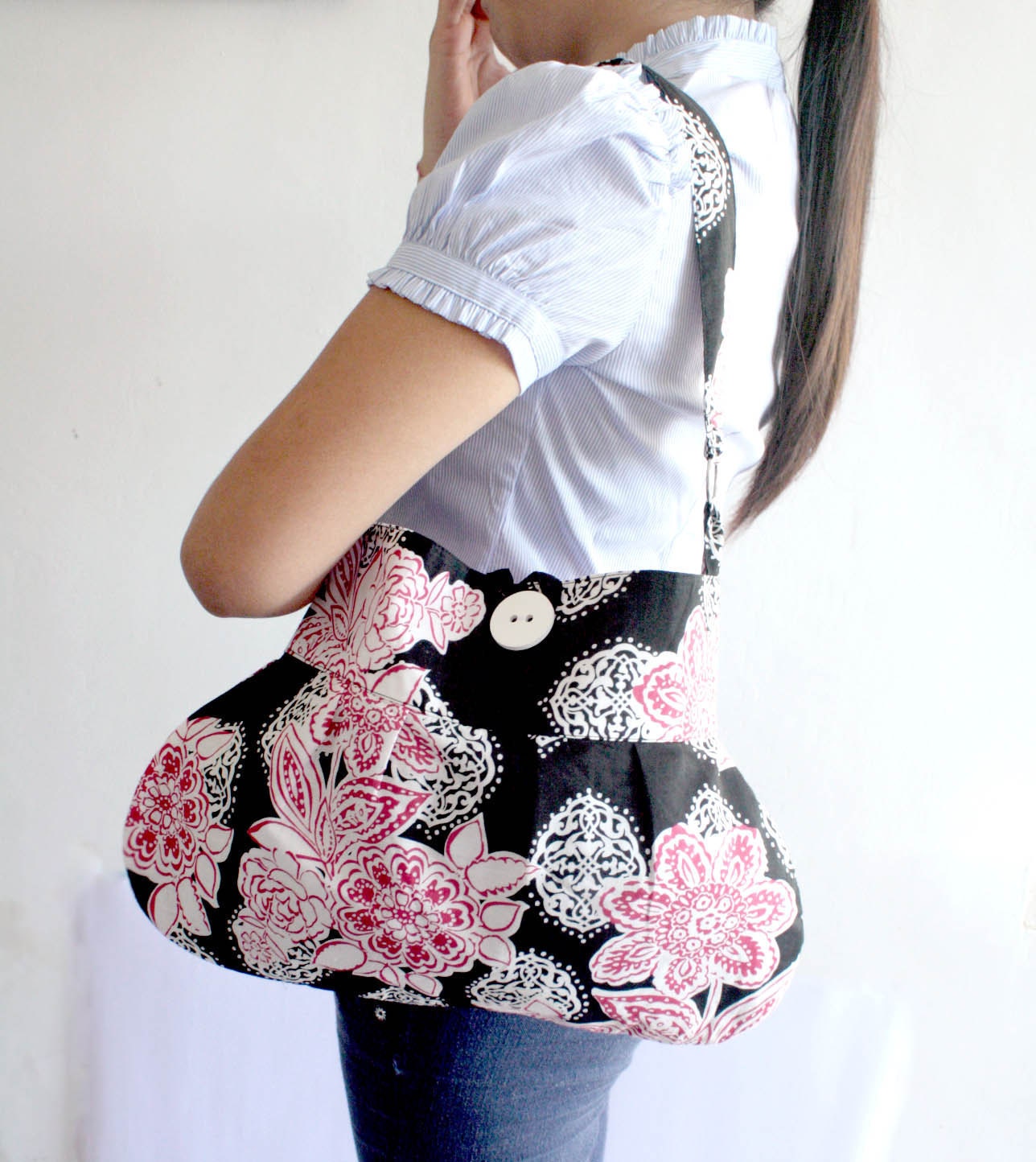 Hobo Tote Bag Black, White and Red Floral shoulder bag