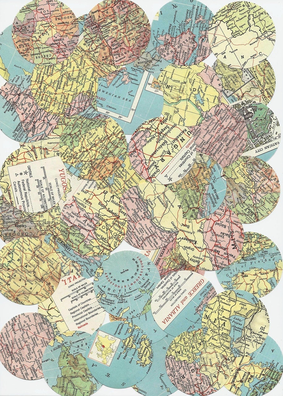 Vintage 1956 World Map Scrapbooking Supplies 2 inch Round Paper Punches 50 Punches Vintage Paper Ephemera