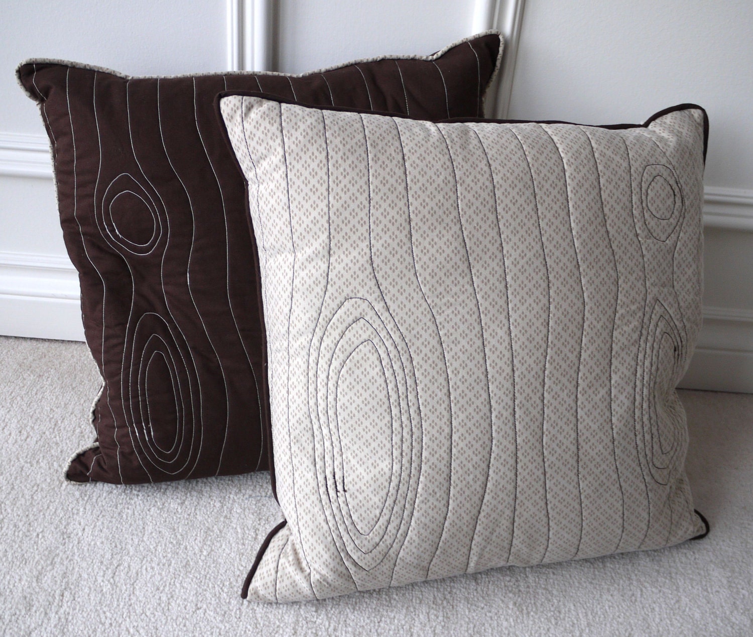 Eco friendly stitched wood grain "faux bois" decorative pillow cover, made from recycled fabric - beige print