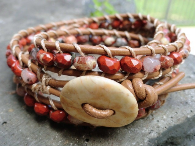 Earthy Leather Wrap Bracelet - gemstone beaded wrap bracelet - rustic bohemian bracelet - beach stone button - organic neutral jewelry