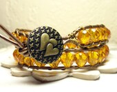 Chan Luu Inspired wrap bracelet - yellow beaded leather wrap - honey amber golden bronze double wrap summer fashion heart vintage style