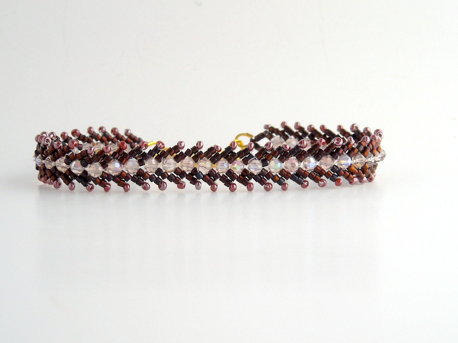 Bead Woven Bracelet with in Red Bronze and Opal Crystal Fire Polish Beads