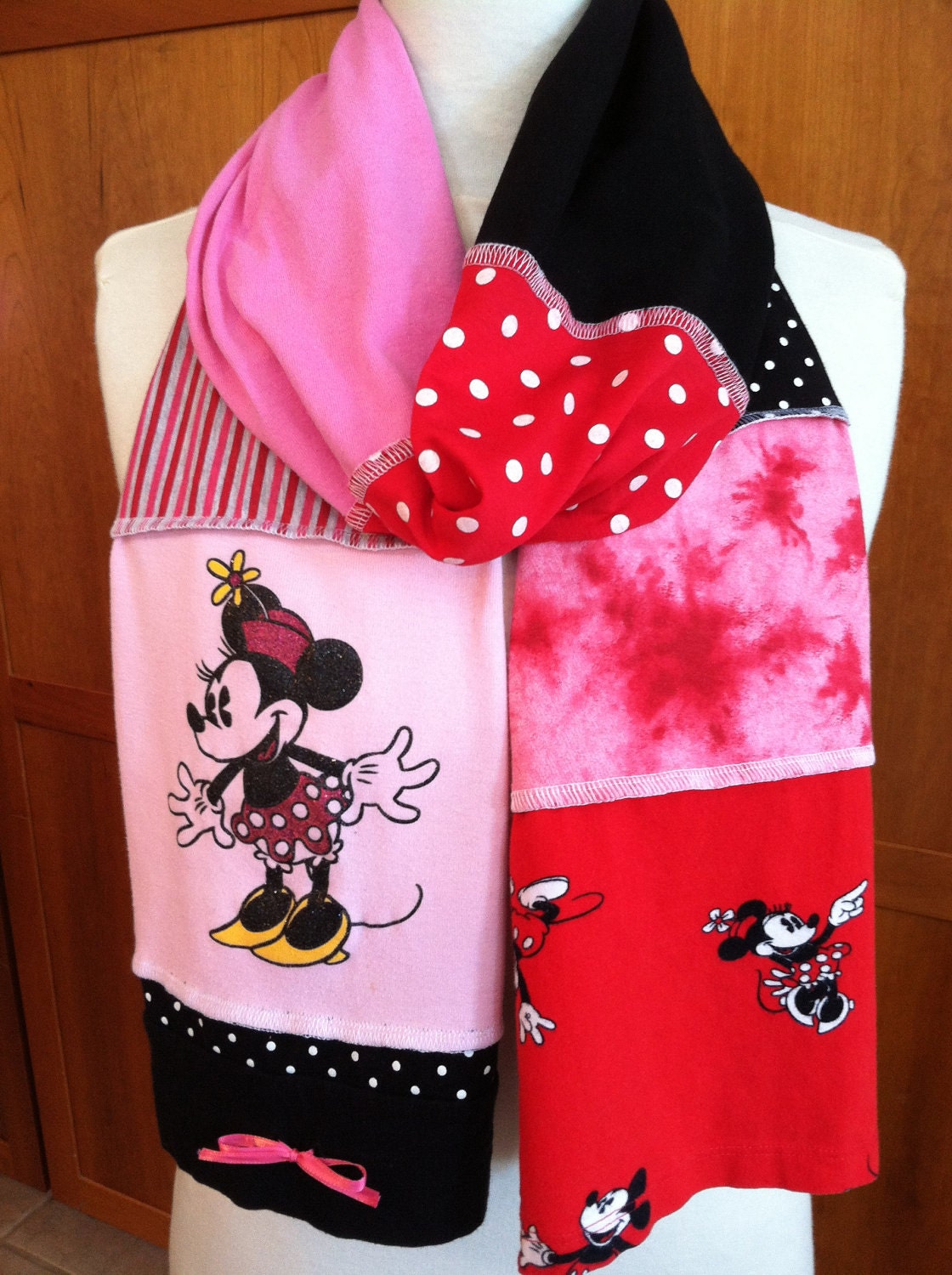 UPCYCLED t-shirt scarf... MINNIE MOUSE... DIsney... pink, red, black, grey, white