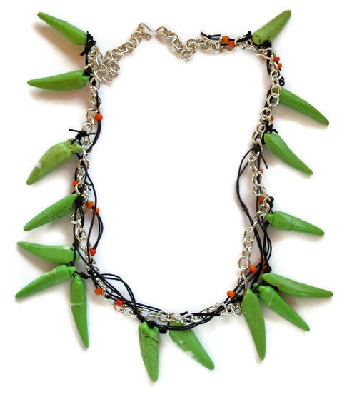 Beaded spike necklace African green Magnesite spears orange beads leather woven with silver chain-tribal modern jewelry