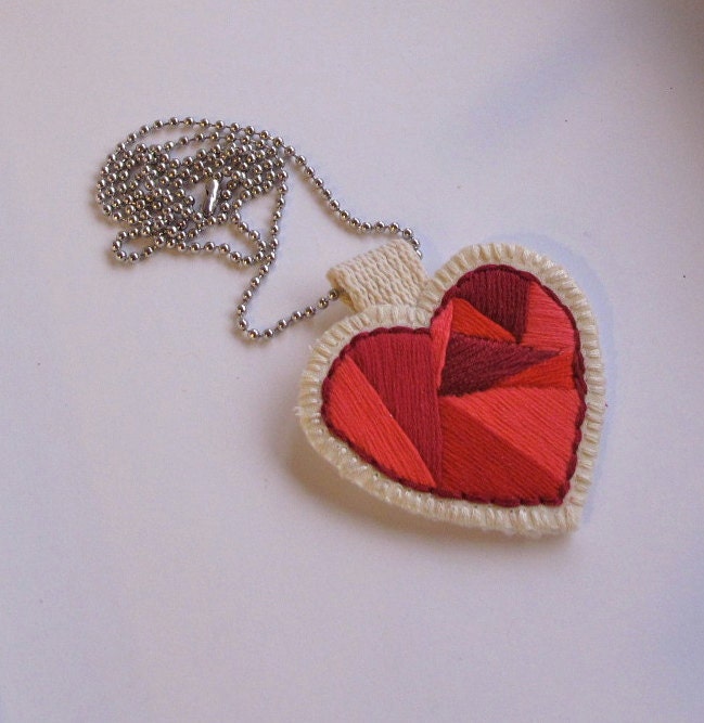 Mini heart geometric necklace handmade embroidered in reds on silver ball chain - AnAstridEndeavor