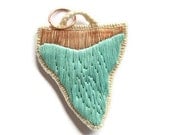 Shark tooth pendant embroidered French vintage copper metal thread mint green neon hot pink OR white modern jewelry