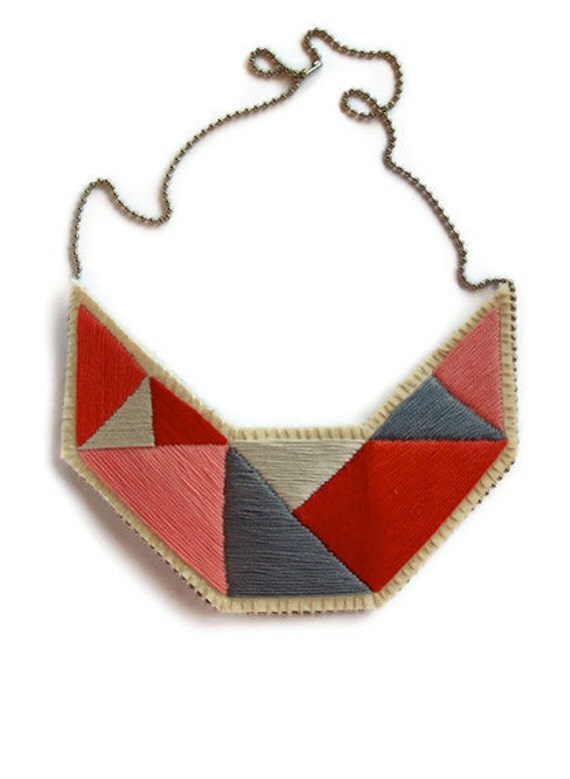 Embroidered Necklace In Geometric Pinks Reds By Anastridendeavor