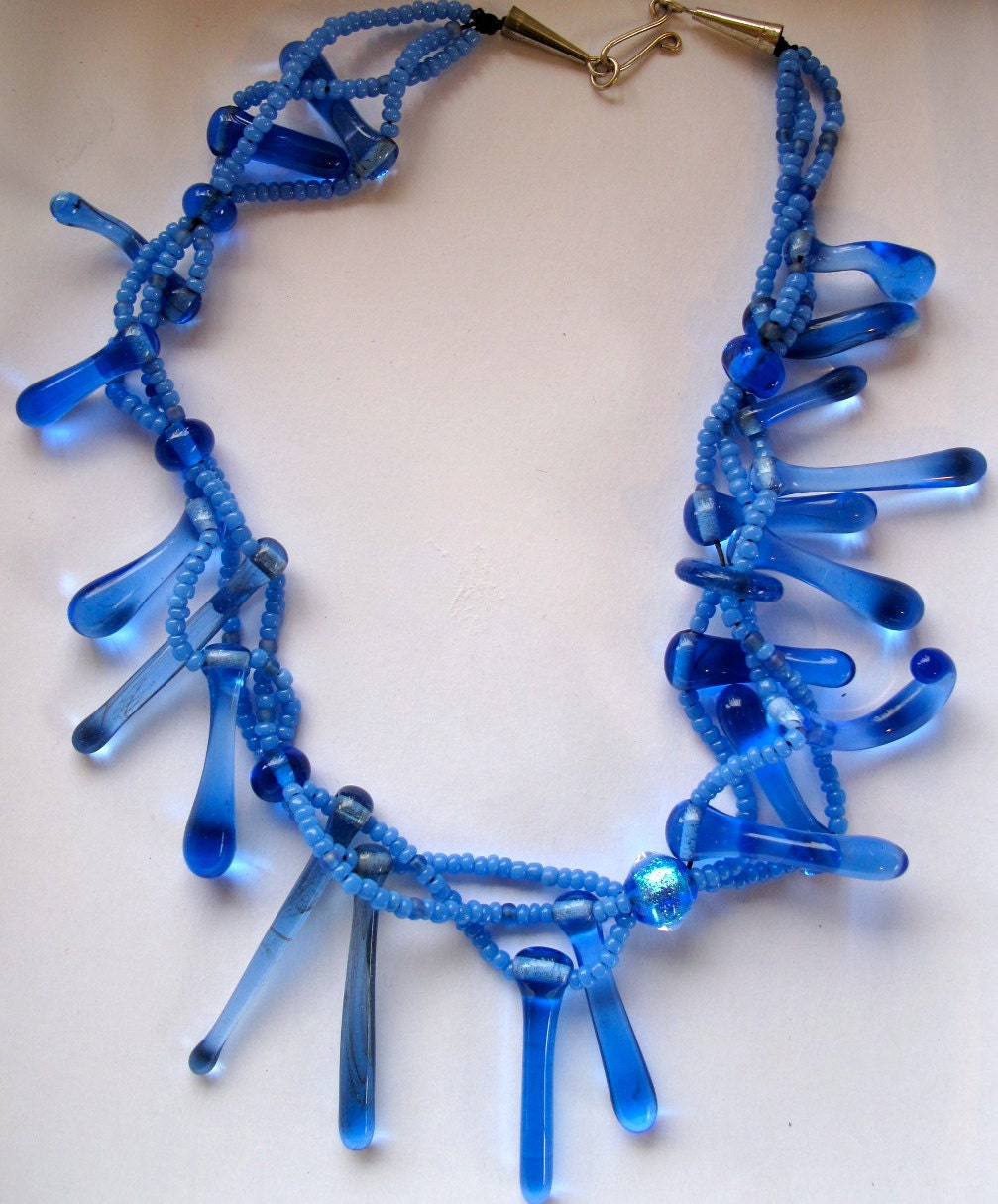Necklace lampwork glass bead, abstract handmade- periwinkle blues.- modern jewelry