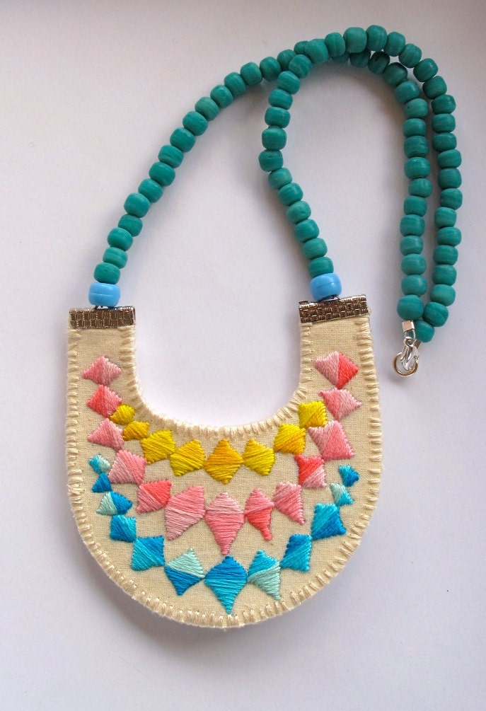 Colorblock bib necklace embroidered banner bunting triangle with Native American trade beads modern jewelry