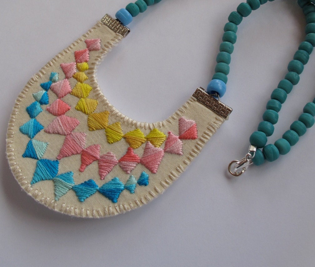 Colorblock bib necklace embroidered banner bunting triangle with Native American trade beads modern jewelry