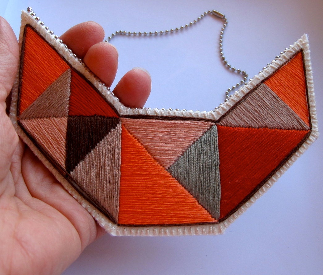 Sumer fashion bib necklace embroidered geometric triangles in beautiful neutral colors and dramatic design