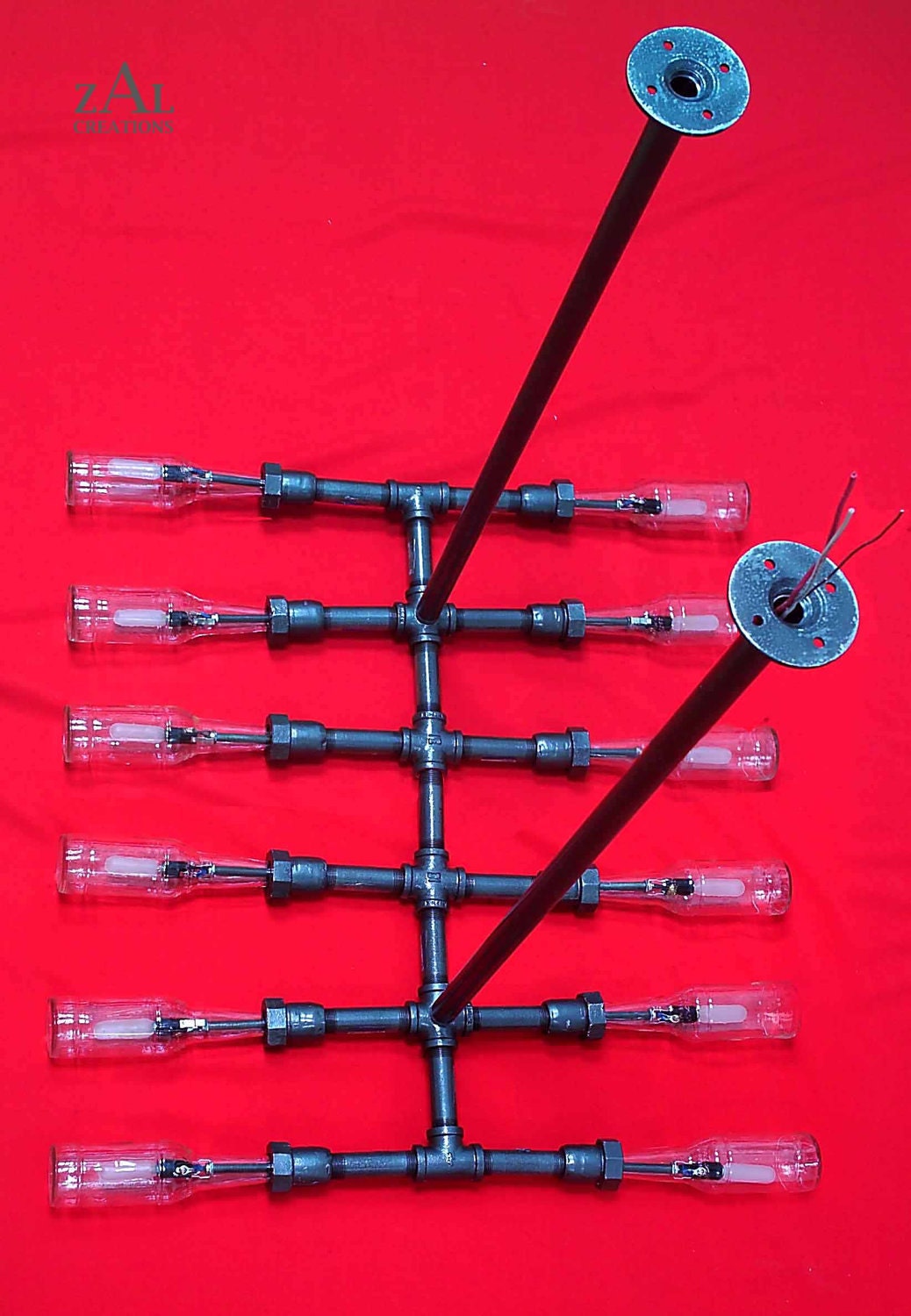 Chandelier. Beer bottles, Plumbing pipe & fittings. Pool table light.  Billiard. Lighting Fixture