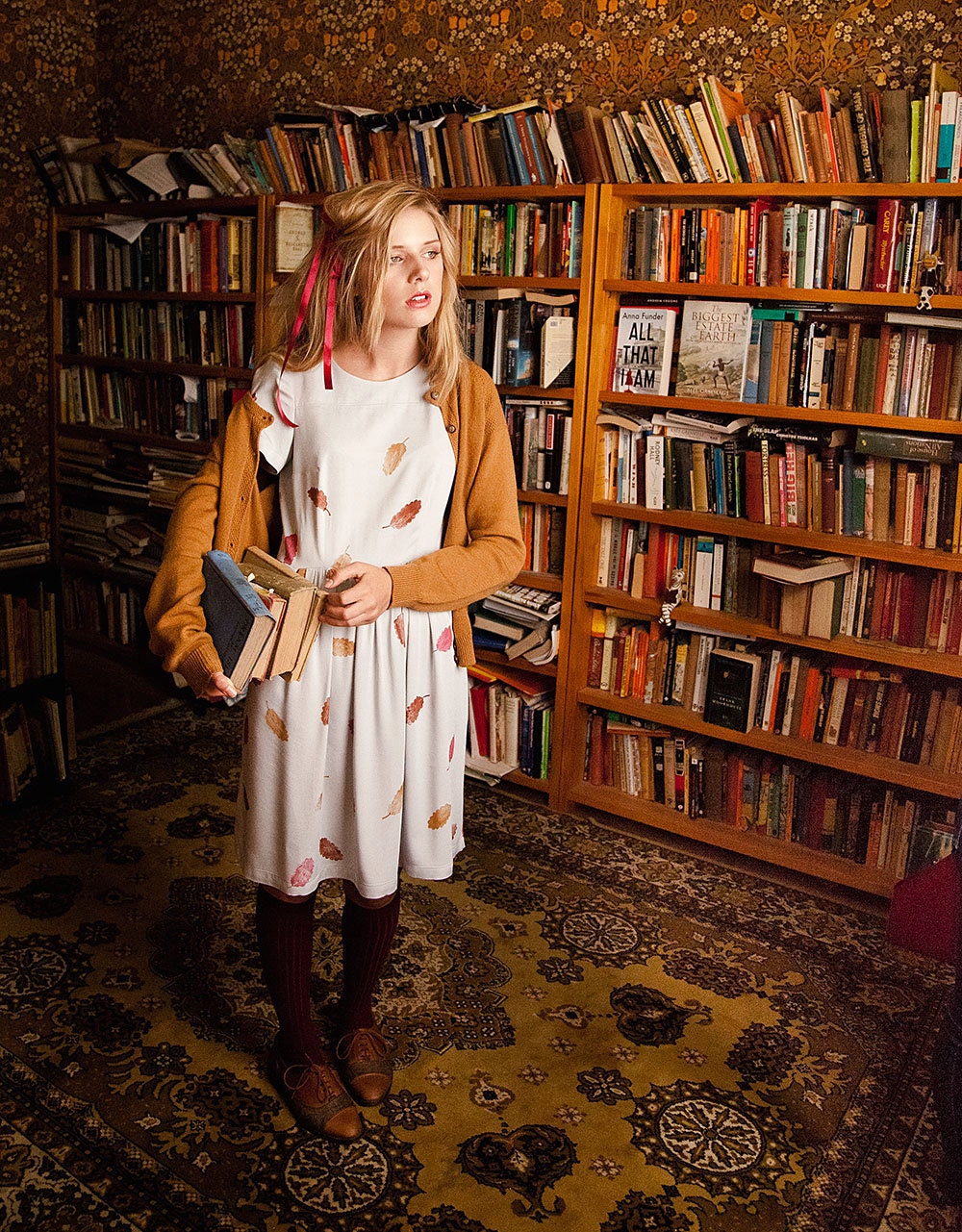 The 'Falling Leaves'  hand printed bamboo sateen dress with sleeves, gathered skirt, and hip pockets