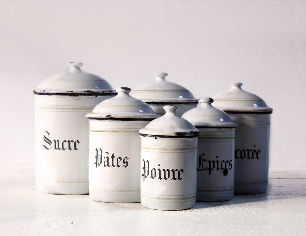 Beautiful French set of six WHITE enamel canisters