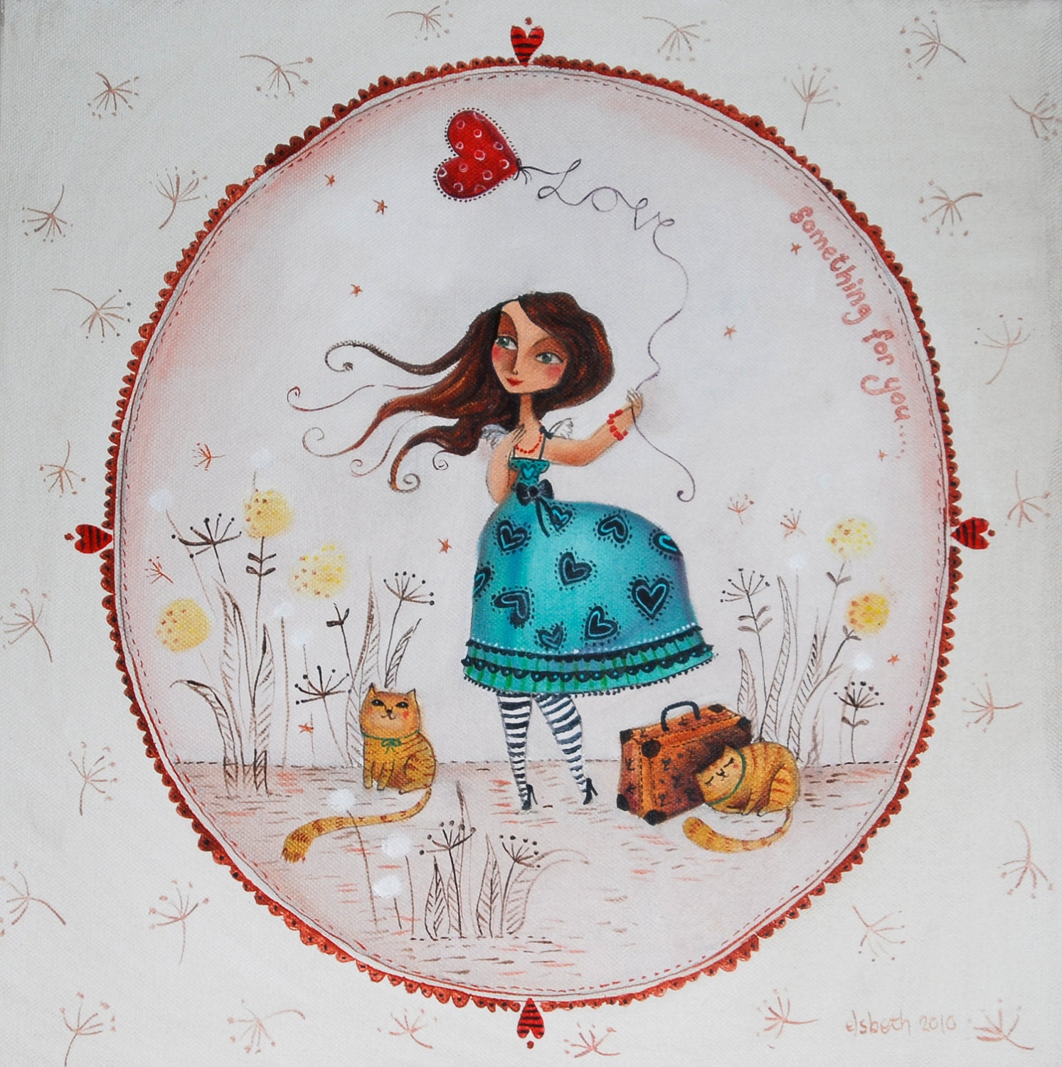 angel in blue dress with heart balloon and cats